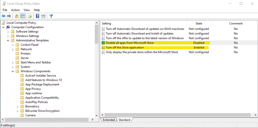 Disable Microsoft Store in Group Policy Editor