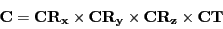 \begin{displaymath}
\mathbf{C} = \mathbf{CR_{x}} \times \mathbf{CR_{y}} \times \mathbf{CR_{z}} \times \mathbf{CT}
\end{displaymath}